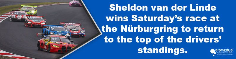 Sheldon van der Linde wins Saturday’s race at the Nürburgring to return to the top of the drivers’ standings.